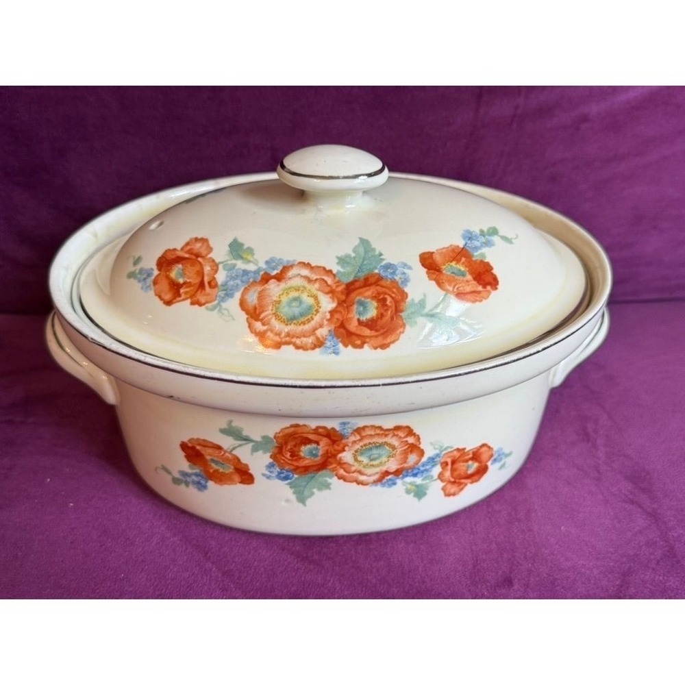 VTG Hall's Superior Quality Kitchenware ORANGE POPPY USA  Oven Crock Discont